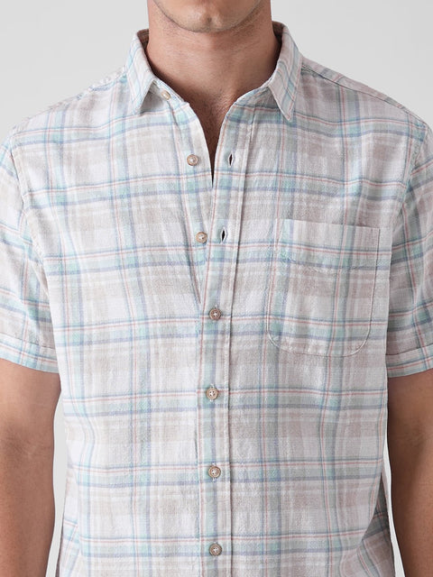 BLUE CHECKERED SLUB HALF SLEEVE SHIRT-Shirt - 260134741