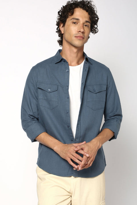 Blue Double Pocket Solid Shirt - Shirt - 241129602