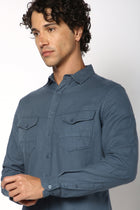 Blue Double Pocket Solid Shirt - Shirt - 241129602