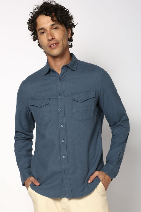 Blue Double Pocket Solid Shirt - Shirt - 241129602