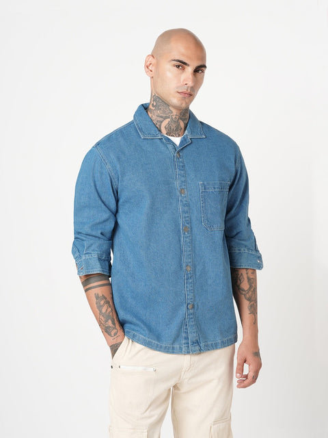 BLUE PLAIN RELAXED FIT SHIRT-Shirt - 241129630