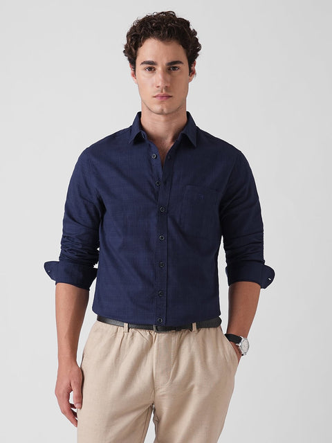 BLUE SLUB PLAIN TAILORED SHIRT-Shirt - 260134455