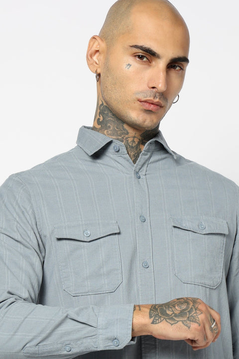 BLUE STRIPED DOUBLE POCKET UTILITY SHIRT-Shirt - 241129577