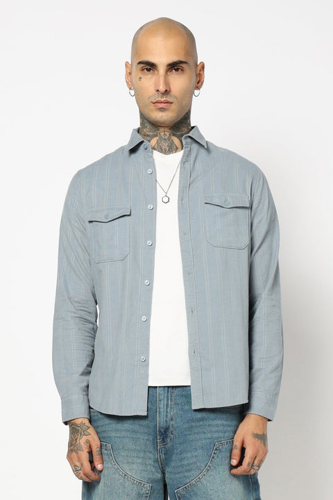 BLUE STRIPED DOUBLE POCKET UTILITY SHIRT-Shirt - 241129577