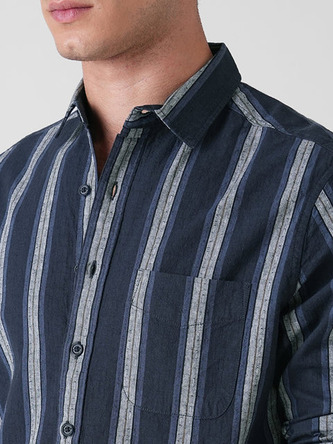BLUE STRIPED SLUB COTTON SHIRT-Shirt - 251133826
