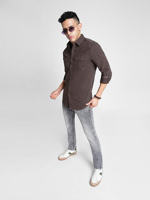 Brown Double Pocket Cotton Shirt - Shirt - 230424628