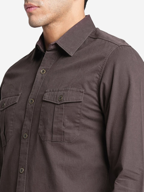 Brown Double Pocket Cotton Shirt - Shirt - 230424628