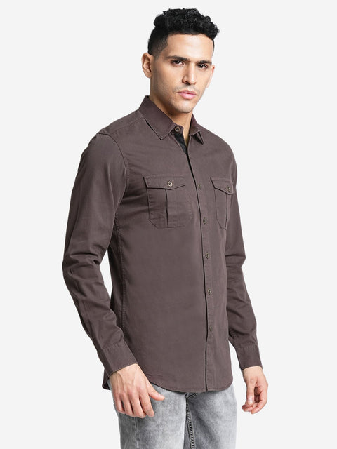 Brown Double Pocket Cotton Shirt - Shirt - 230424628