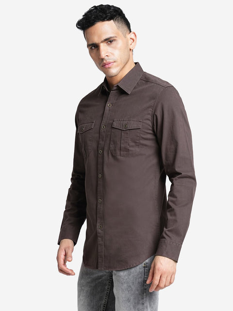 Brown Double Pocket Cotton Shirt - Shirt - 230424628