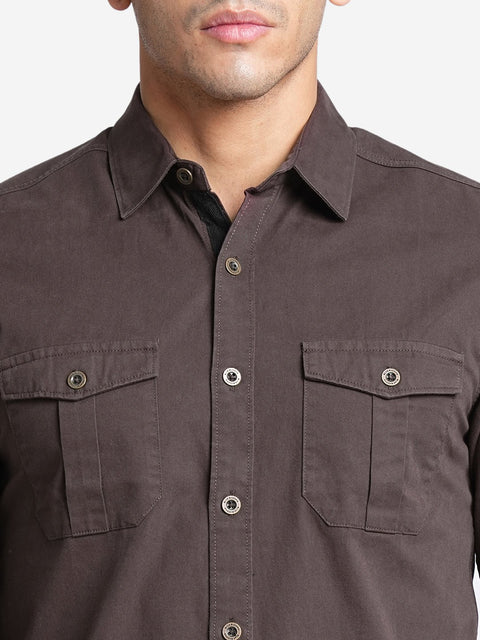 Brown Double Pocket Cotton Shirt - Shirt - 230424628