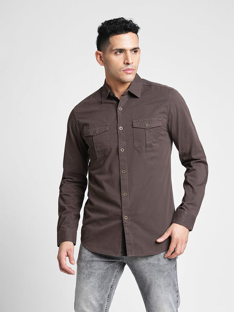 Brown Double Pocket Cotton Shirt - Shirt - 230424628