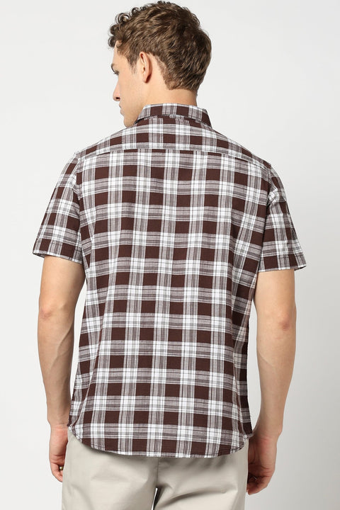 Brown Half Sleeve Checkered Shirt - Shirts - 250330913