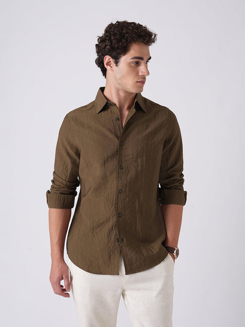 BROWN PLAIN TAILORED FIT SHIRT-Shirt - 260235015
