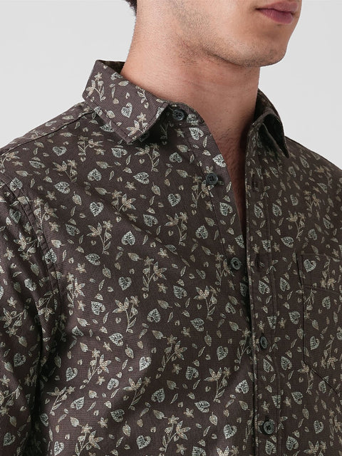 BROWN PRINTED DOBBY COTTON SHIRT-Shirt - 251134071