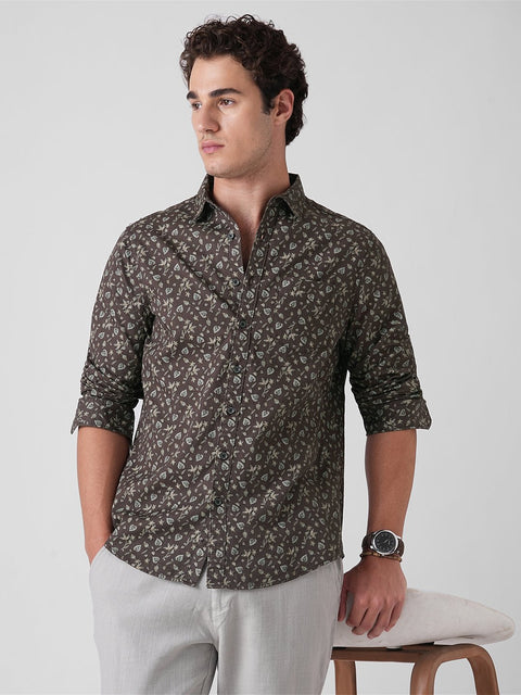 BROWN PRINTED DOBBY COTTON SHIRT-Shirt - 251134071