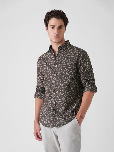 BROWN PRINTED DOBBY COTTON SHIRT-Shirt - 251134071