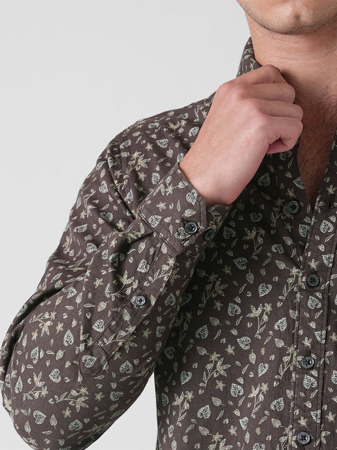 BROWN PRINTED DOBBY COTTON SHIRT-Shirt - 251134071