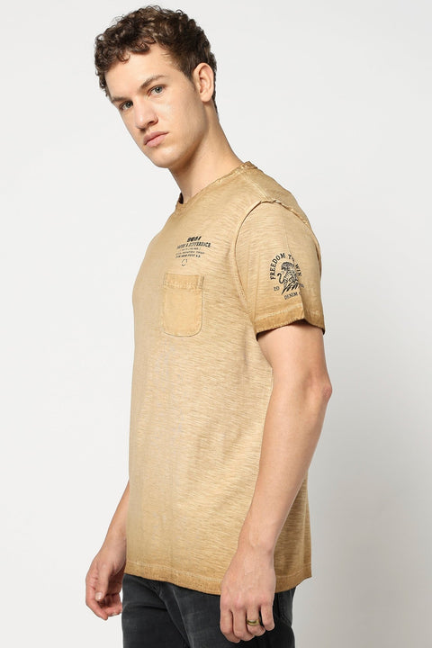 Brown Round Neck T Shirt - T Shirts - 230830752
