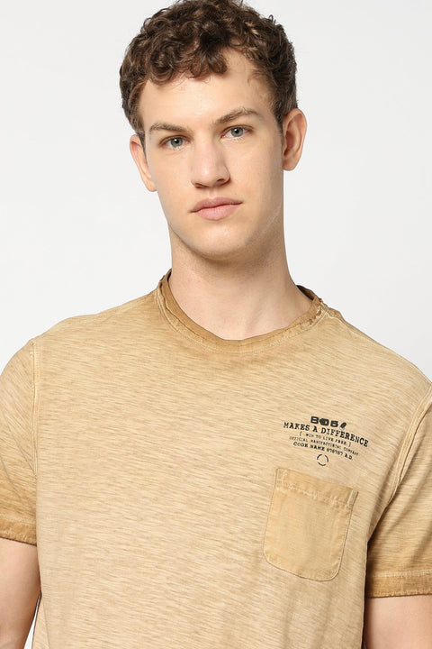 Brown Round Neck T Shirt - T Shirts - 230830752