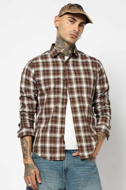 BROWN TARTAN CHECKERED COTTON SHIRT-Shirt - 250832106