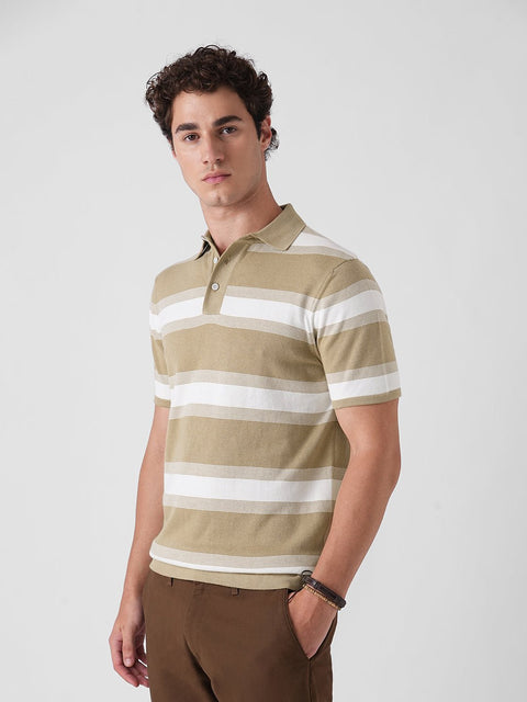 BROWN WIDE STRIPE FLATKNIT POLO - T Shirt - 3IS1F0379