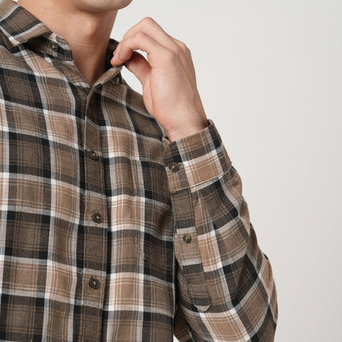 CAMEL DOBBY PLAID COTTON SHIRT-Shirt - 251033425