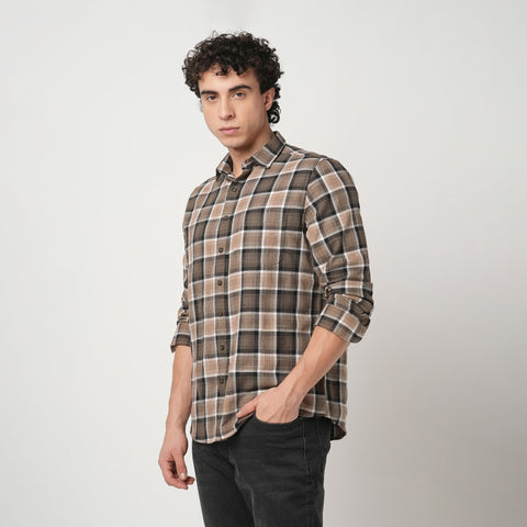 CAMEL DOBBY PLAID COTTON SHIRT-Shirt - 251033425