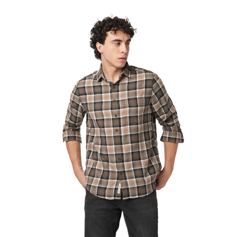 CAMEL DOBBY PLAID COTTON SHIRT-Shirt - 251033425