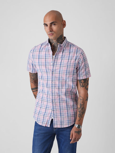 CHECKERED SLUB TAILORED HALF SLEEVE SHIRT-Shirt - 260134930