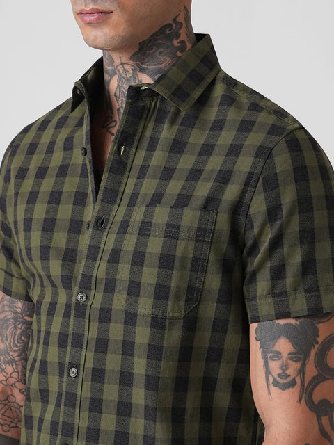 CHECKERED TWILL TAILORED HALF SLEEVE SHIRT-Shirt - 260235245