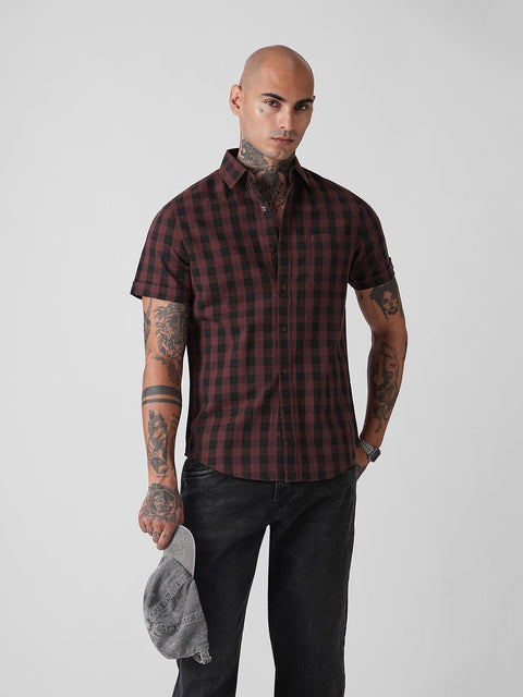 CHECKERED TWILL TAILORED HALF SLEEVE SHIRT-Shirt - 260235255