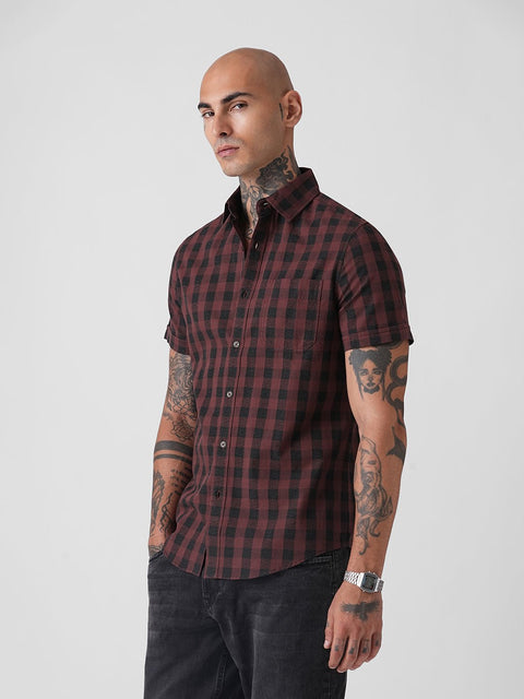 CHECKERED TWILL TAILORED HALF SLEEVE SHIRT-Shirt - 260235255