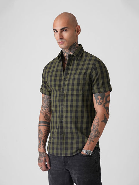 CHECKERED TWILL TAILORED HALF SLEEVE SHIRT-Shirt - 260235245