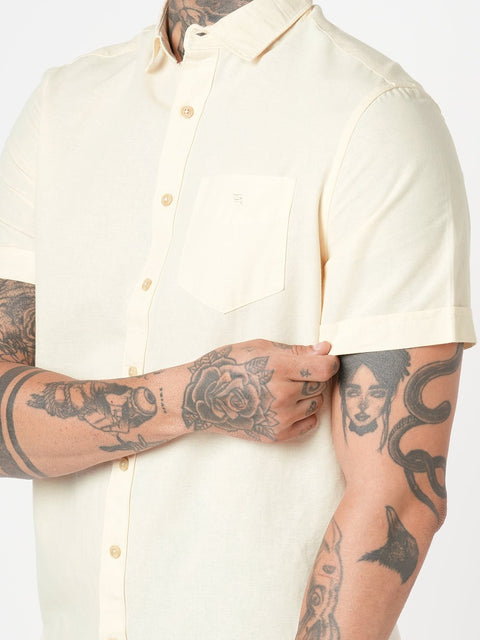 CREAM PLAIN HALF SLEEVE SHIRT-Shirt - 251133856