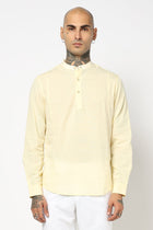 Cream Solid Cotton Shirt Kurta - Kurta - 240126553