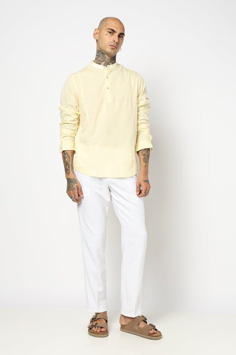 Cream Solid Cotton Shirt Kurta - Kurta - 240126553