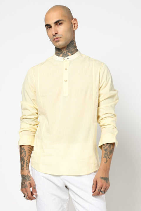 Cream Solid Cotton Shirt Kurta - Kurta - 240126553