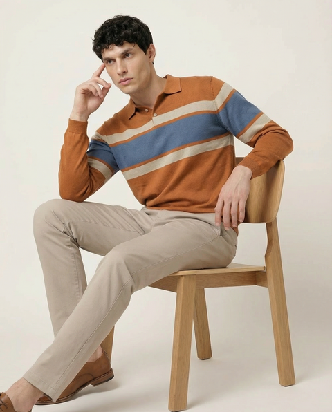 RUST KNITTED STRIPED POLO-TSHIRT