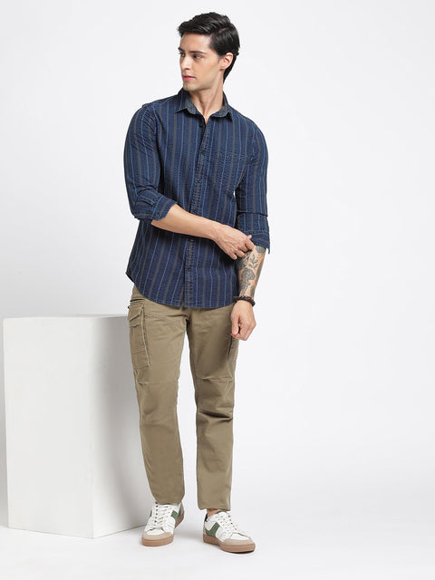 Dark Blue Striped Cotton Shirt - Shirt - 240427649