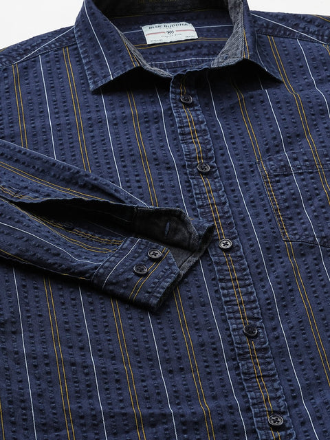 Dark Blue Striped Cotton Shirt - Shirt - 240427649