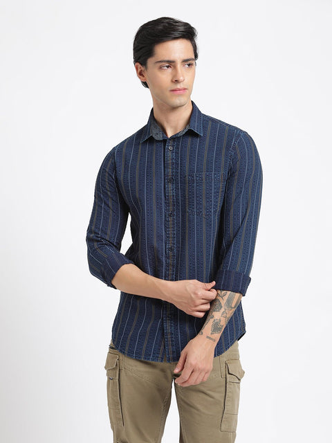 Dark Blue Striped Cotton Shirt - Shirt - 240427649