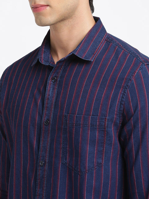 Dark Blue Striped Cotton Shirt - Shirt - 240427366