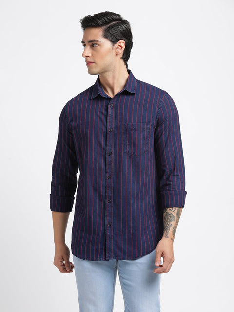 Dark Blue Striped Cotton Shirt - Shirt - 240427366