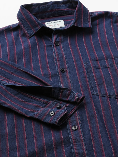 Dark Blue Striped Cotton Shirt - Shirt - 240427366