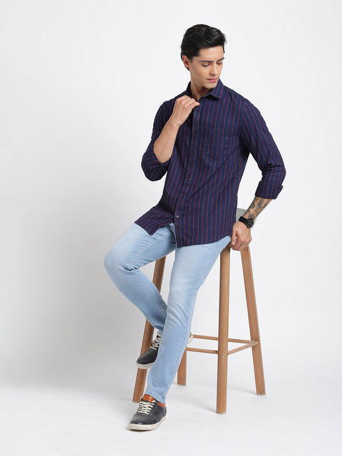 Dark Blue Striped Cotton Shirt - Shirt - 240427366