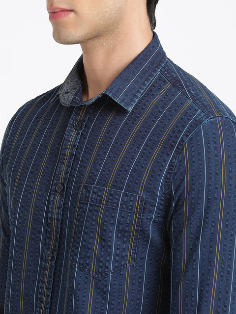 Dark Blue Striped Cotton Shirt - Shirt - 240427649