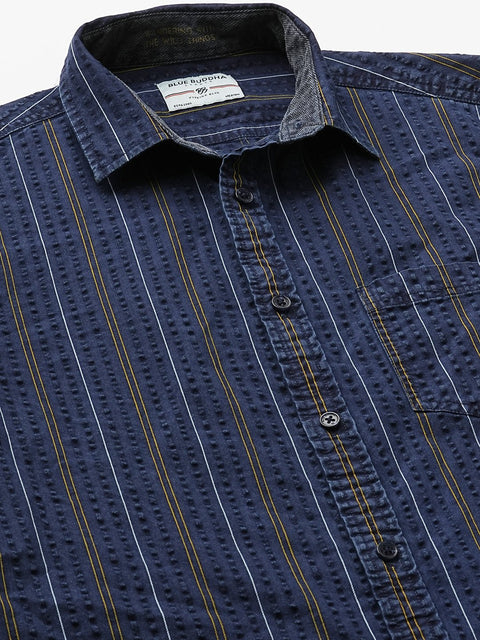 Dark Blue Striped Cotton Shirt - Shirt - 240427649