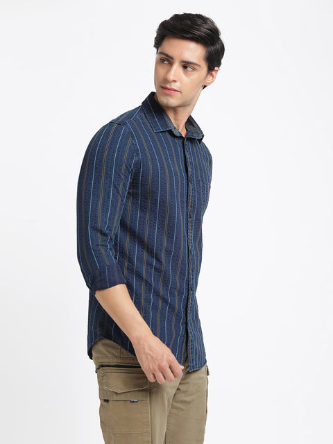 Dark Blue Striped Cotton Shirt - Shirt - 240427649