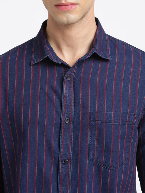 Dark Blue Striped Cotton Shirt - Shirt - 240427366