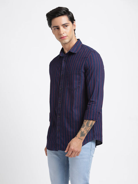 Dark Blue Striped Cotton Shirt - Shirt - 240427366